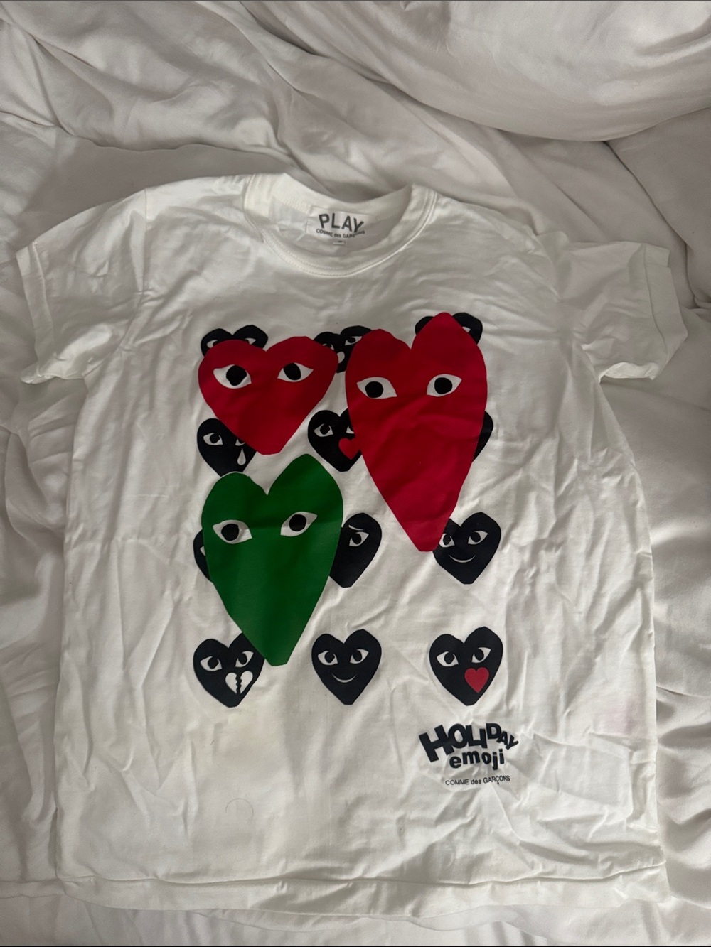 Comme des Garçons PLAY Kids White Tee with Red, Green & Black Hearts
